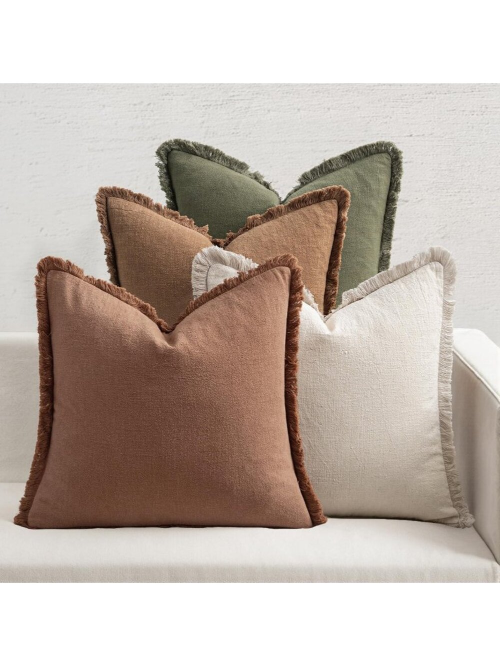 Cozy Fall Linen Fringe Pillow Covers Set of 4 - 18x18 Beige, Brown, Green Decor